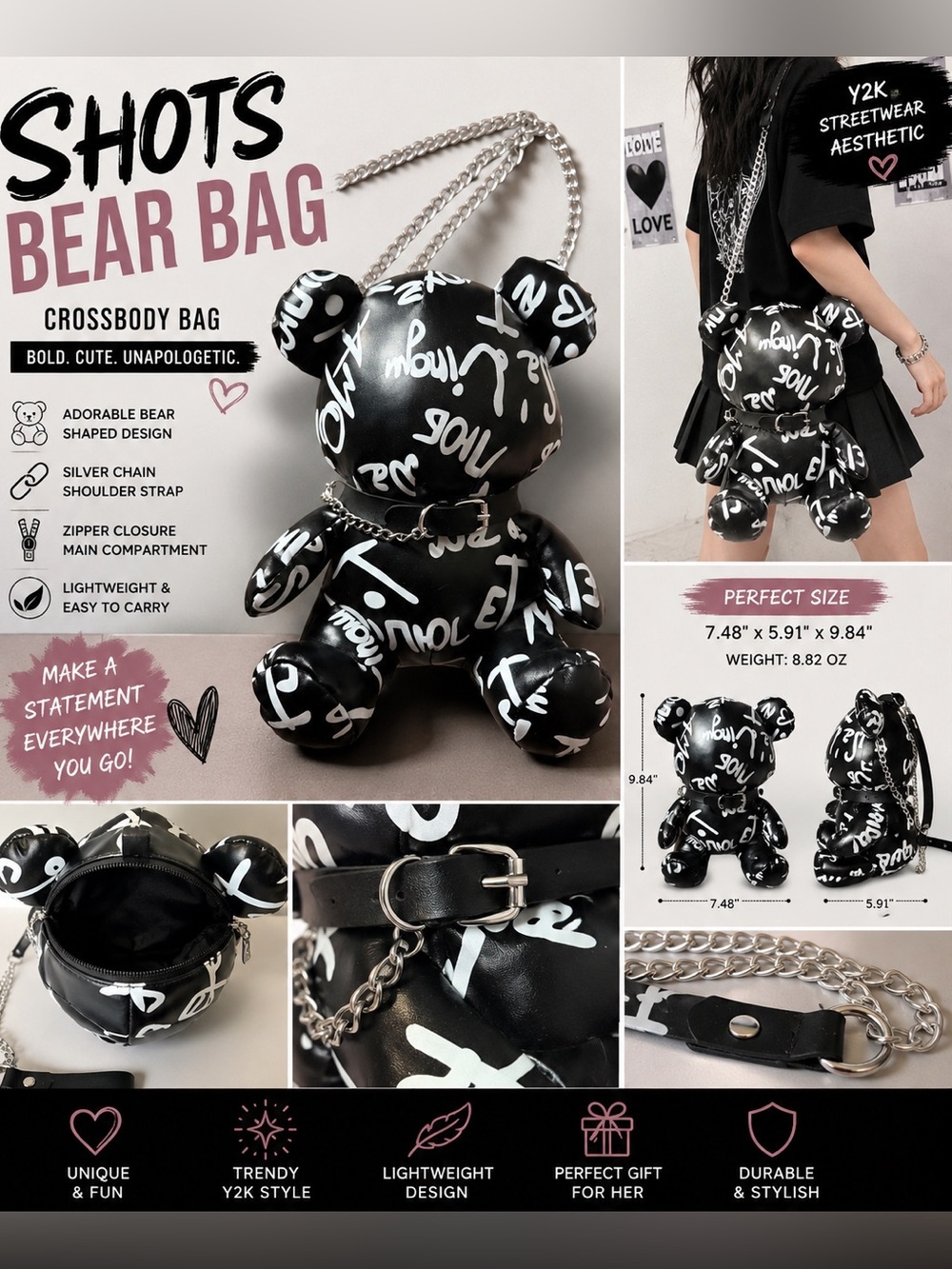Y2K Graffiti Teddy Bear Crossbody Bag Black White Punk Harajuku Kawaii Purse